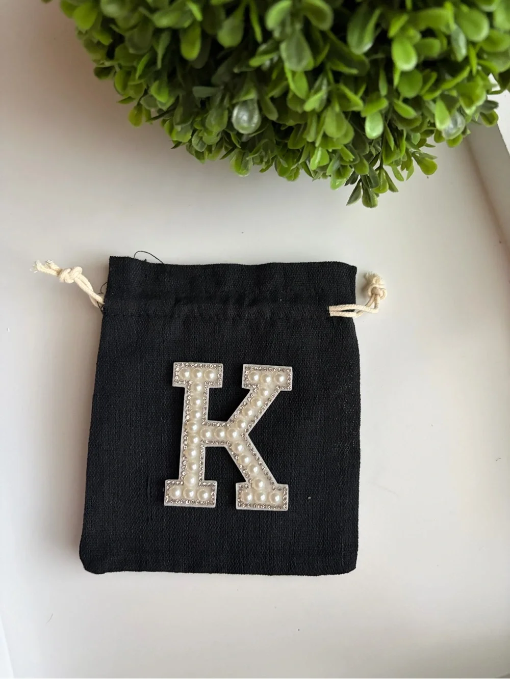 Black Drawstring Pouch with Pearl-Embellished Initial Accent - choose one